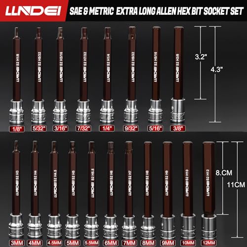 LLNDEI 3/8" Drive Extra Long Allen Hex Bit Socket Set 19Pcs CR-V/S2