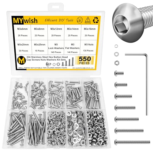 Mywish 2200pc M2-M5 Anti Rust Machine Screws Assortment Kit & 550Pcs M3 Nuts and Bolts Metric Screw 304 Stainless Steel, Hex Button Head Cap Metric Screws, Flat Washers/Nuts/Hex Wrenches