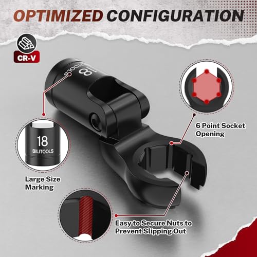 BILITOOLS 6PCS Flex Head Crows Foot Line Wrench Set, 3/8" & 1/2" Drive Short Flex Head Wrench Set