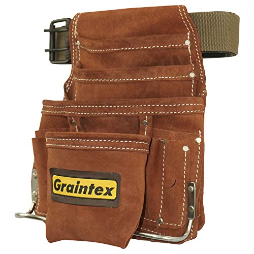 Graintex SS2976 10 Pocket Nail & Tool Pouch Brown Color Suede Leather with 2” Leather/Webbing Belt for Constructors, Electricians, Plumbers, Handymen