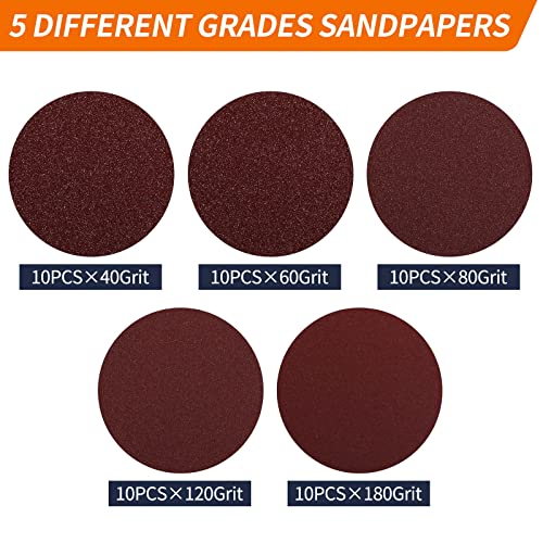Pomsare Sanding Discs Pad Kit Sanding Disc 125 mm Pack of 50 Sandpaper with M14 Sanding Pad and Shaft for Angle Grinder Drill Grinder Grit 10 x 40/60/80/120/180 for Wood Metal standard