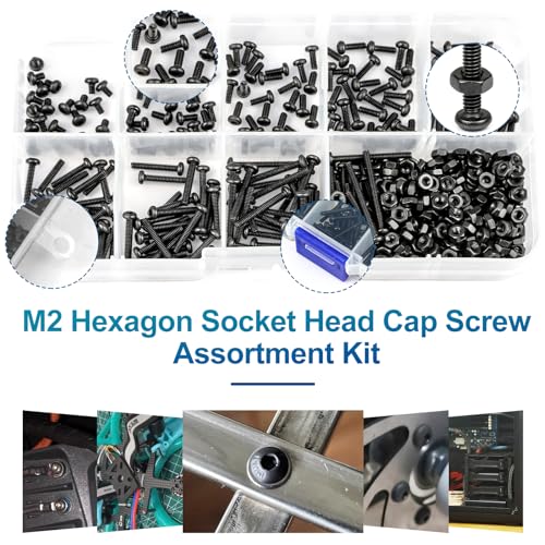 NINDEJIN M2 Button Head Socket Cap Bolts Screws, Metric M2 x 3/4/5/6/8/10/12/16/20mm Screws Bolts Nuts Assortment Kit, 452Pcs Allen Hex Drive, Black Oxide, 10.9 Carbon Steel, Fully Threaded 452Pcs M2 3mm-20mm