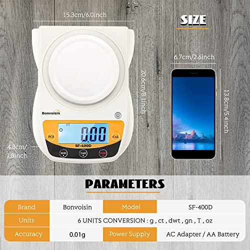Bonvoisin Digital Lab Scale 600g x 0.01g Precision Electronic Scale LCD Display Analytical Balance Jewelry Scale Scientific Scale 0.01g Accuracy White