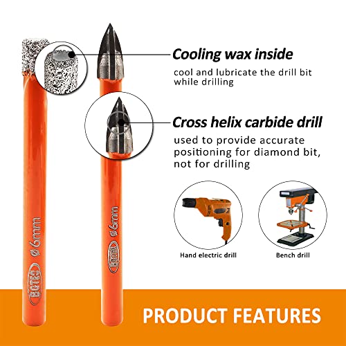 BGTEC Dry Diamond Drill Bits Set-15pcs 6mm Hole Saw+5pcs 6mm Carbide Drill for Gtanite, Marble. Masonry, Concrete, Porcelain