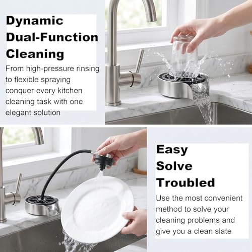 Glass Rinser for Kitchen Sink with Pull-Out Spray, High Pressure 360° Rotating Glass Cup Cleaner Sink Attachment Bottle Washer, Kitchen Sink Accessories Cup Washer Bottle Cleaner for Home Bar, Silver