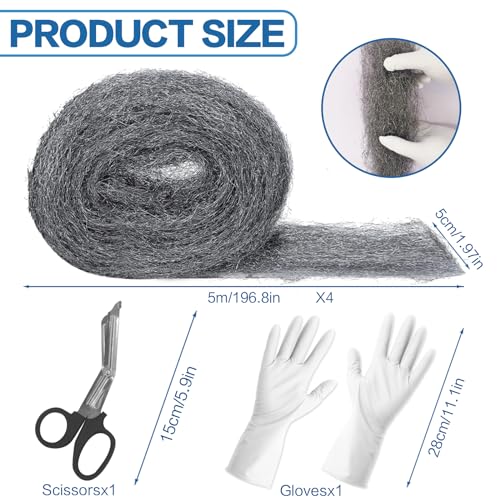 Steel Wool for Mice Control, 4 Pack of 16.5ft*3.1" Thick 0000 Steel Wool for Mouse Hole Filler Gap Blocker for House Wall Cracks Fence, Holes, Vents in Garden/Garage/House(65ft)