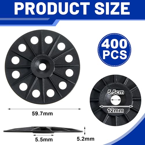 Fabbay 400 Pcs Polypropylene Washers 60 mm for Fixing Supporting Rigid Foam Insulation Panels and Sheets Load Spreading Plastic Washers Flat for Screws and Nail, Black