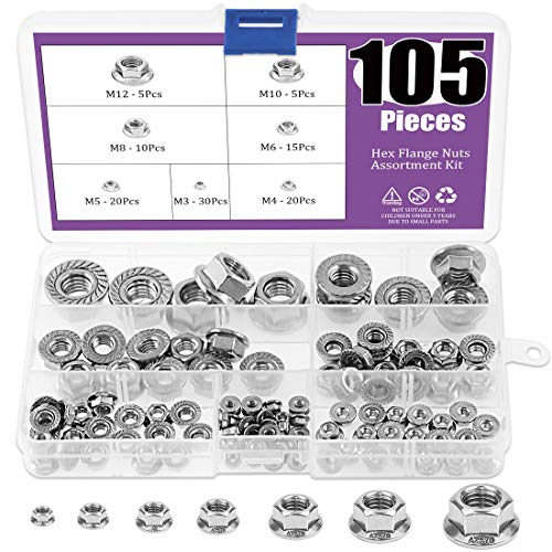 Swpeet 250Pcs 304 Stainless Steel Metric Lock Nut Assortment Kit+105Pcs 304 Stainless Steel Serrated Metric Flange Nuts Hex Lock Nuts Assortment Kit