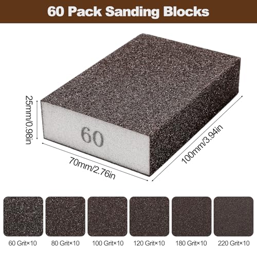 Fasmov Sanding Blocks, 60 Pack Washable & Reusable Drywall Sanding Sponges, 60 80 100 120 180 220 Grit Assorted Sanding Pads for Drywall Repair, Wall Finishing, Woodworking, Painting Prep