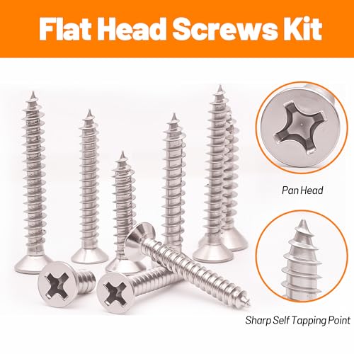 450-Piece Stainless Steel Wood & Sheet Metal Screw Assortment – #4 to #12 Phillips Flat Head Self-Tapping Screws (1/4" to 2") 450PCS Silver