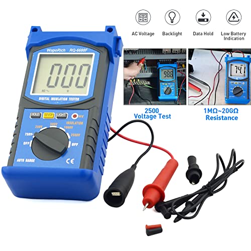 Digital Insulation Resistance Tester, RQ-6688F Voltage Tester 250/500/ 1000/ 2500V, Auto Range Megohmmeter 1MΩ~20GΩ, Resistance Tester with 1999 Count LCD Display, Data Hold, Back-Light （Battery） US-RQ-6688F