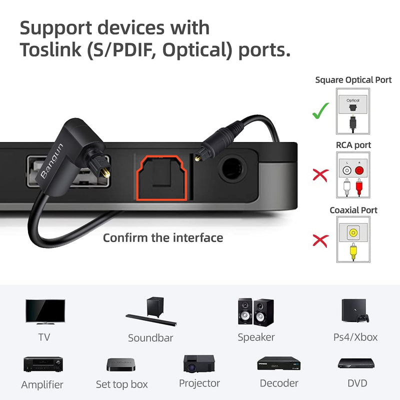 90 Degree Optical Audio Cable 60 feet, Slim Long Digital Audio Toslink Cable, 360 Degree Right Angle Fiber Optic Sound Cord for Sound Bar, TV, PS4, Xbox, Home Theater 60ft One Right Angle Plug