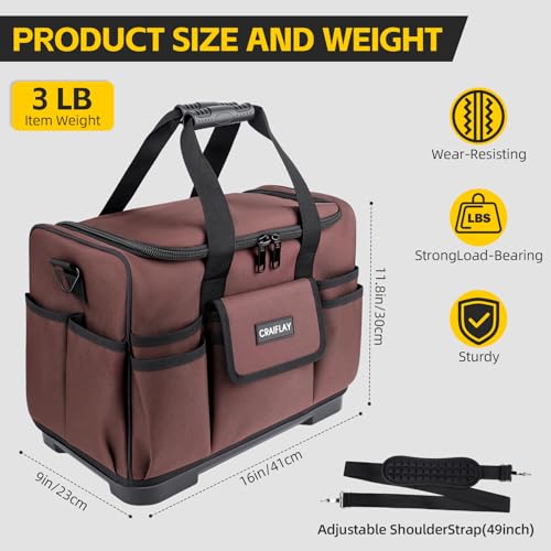 16-Inch Tool Bags For Men Heavy Duty, 29 Pockets Large Tool Organizer Bag with Hard Plastic Bottom & Waterproof Oxford, Electrician Tool Bag for HVAC Mechanic Contractor Construction Work Brown 16 Inch