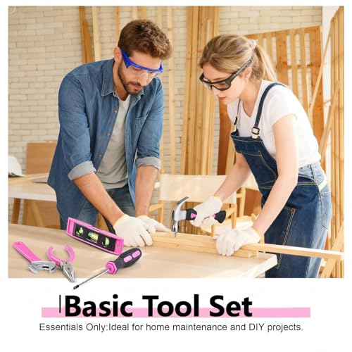 Pink Tool Set | Tool Bag for Women with Shoulder Strap | Basic Tool Kit|21Pcs Tool Pouch with Zipper|Portable Tool Bag with Tools for Home|Dorm|Office|DIY|Desk|Apartment Pink