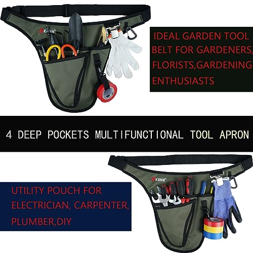KUNN Garden Tool Belt,Durable Adjustable Tool Belt Waist Pouch with 4 Pocket for Women Men Gardeners Florist Army Green + Gardening Gift for Women Men 5 Gallon Bucket Tool Organizer with 18 Pockets