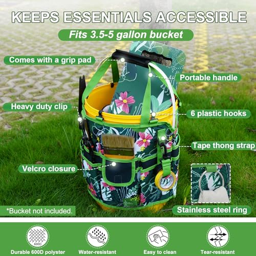 KUNN 5 Gallon Garden Bucket Tool Organizer & Kneeling Pad Set, Green Green Leaf
