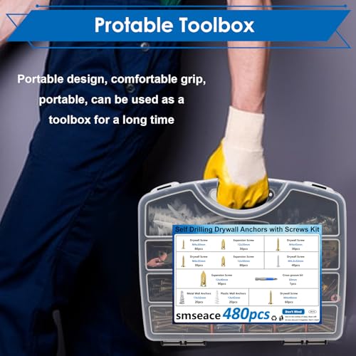smseace 480 Pcs Wall Anchors for Drywall 4-Sizes Zinc Plated Steel and Plastic Sheetrock Anchors and 5-Sizes Self Drilling Anchor Screws Used for Hanging Picture Frames, Curtains, Plants, Clocks Gold-480Pcs-4 Sizes