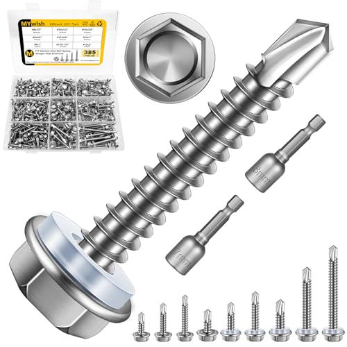 Mywish (300Pcs) 3/16" x 1/4" Blind Pop Rivets & 385 Pieces #8#10#12 Hex Head Self Drilling Screws Assortment Kit, High Strength Sheet Metal Screws