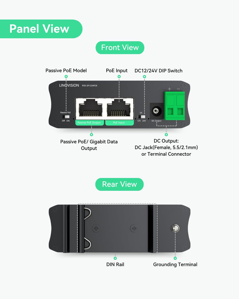 LINOVISION Industrial Gigabit 30W PoE Splitter with Switchable DC12V/24V Output and Passive PoE Output for Bridges Like UB Loco5AC, Designed for Cameras and IoT Systems
