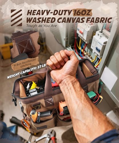 ARCFOX 14 Inch Portable Electrician Tool Bag 21 Pockets - Heavy Duty 16OZ Canvas Tool Bags Organizer with Wide Mouth & Adjustable Shoulder Strap for HVAC, Mechanics, Maintenance, UTV-Effortless Carry Household 14'' Washed Brown
