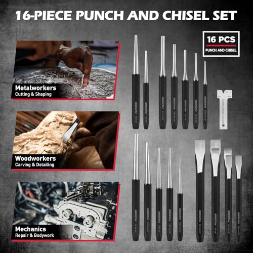 25-Piece Punch and Chisel Set with Roll Pin Punches, Includes Taper, Pin, Center Punches & Cold Chisels for Metalworking, Automotive, and Craft Use 25-piece Set With Roll Pin Punches