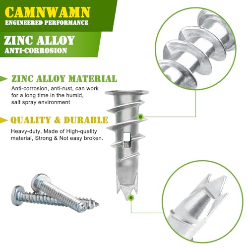 250pcs #8 Metal Self-Drilling Drywall Anchors, (125 Anchors+125 Screws) Hollow Zinc Wall Anchors and Screws Kit, 125pcs Heavy Duty Anchors 125pcs #8 x 1-1/4" Screws 250