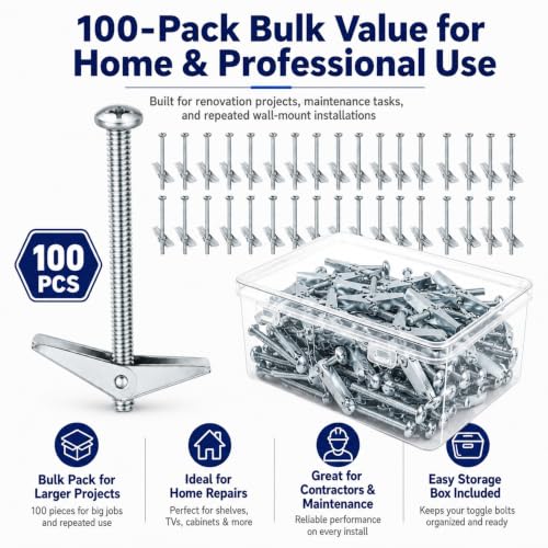 100-Pack 3/16" x 3" Toggle Bolts, Medium-Duty Spring Toggle Anchors for Drywall and Plaster, Zinc Plated Steel Hollow Wall Butterfly Bolts for Towel Bars, Mirrors, and Light Fixtures 100 3/16" x 3"