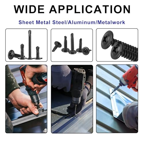 500Pcs Black Self Tapping Screws for Metal, 410 Stainless Steel, #8#10 Truss Head Self Drilling Screws, Sheet Metal Screws, Phillips Drive Deck Screws Kit with 1 Bits, Length 1/2" to 1-1/4''