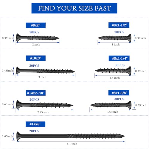 180 Piece Wood Screw Assortment Kit, Star Drive Deck Screws with Exterior Epoxy Coating, Rust Resistant Outdoor Wood Screws, Includes 7 Popular Sizes from #8, #10, #14 and 3 Star Drive Bits.