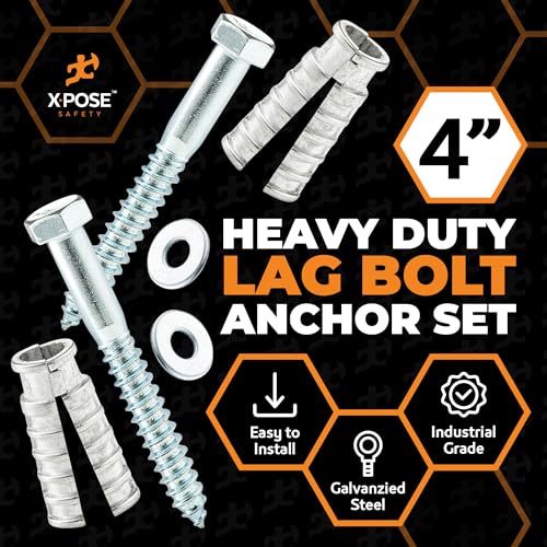 xpose safety Concrete Anchors Set with 4"" Lag Bolt, Lag Shield and Washer - 12 Sets per Pack - 1/2"" Bolt Lag Screws 4-Inch for Speed Bumps for Asphalt - Galvanized Steel Lag Bolts 4"