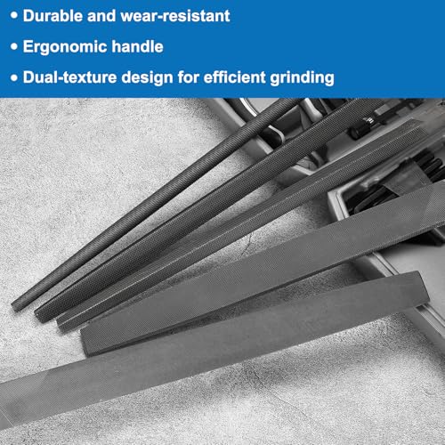 HARFINGTON 5pcs Metal File Set 10" Fine Teeth High Carbon Steel Hand Files with Wooden Handle Square/Flat/Triangle/Half-Round/Round for Metal Wood Stone Grinding Polishing Engraving 10 Inch