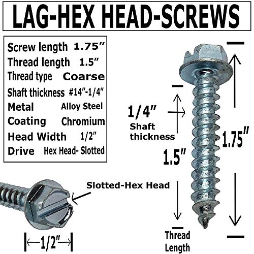 1.5" - #14 Lag Screw - Hex Head - Slotted Flange Head - Coarse Thread - Grade A-Zinc Coated 1-1/2 in x 1/4 in - Heavy Duty Wood Screw (100) 100