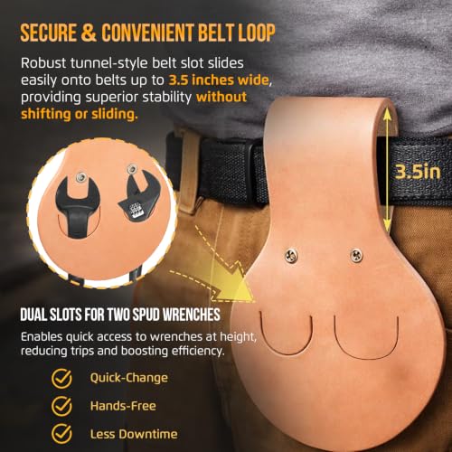 5459T Leather Spud Wrench Pouch Holder, Fits 3.5" Tool Belts, 3212TT Heavy Duty Construction Spud Wrench, 1-1/4" Opening for 3/4" U.S. Heavy Nuts with Tapered Alignment Spud & Tether Hole