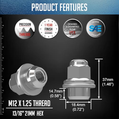 Wheel Accessories Parts 24 Pcs M12x1.25 12x1.25 Thread OEM Factory Style Lug Nuts 1.45" Long Chrome 13/16" 21mm Hex 40224-JK00A 611-294 Fits Nissan Frontier Titan (Non XD) X-Terra