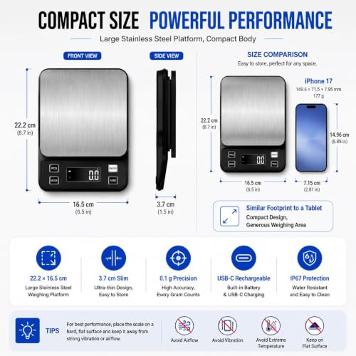 Waterproof Digital Kitchen Scale 0.1g Precision, Stainless Steel Electronic Scale with 3 Power Options (Rechargeable/AAA/Built-in), 10 Units Conversion, Smart Standby, 10kg Capacity 0.1g/10kg Black