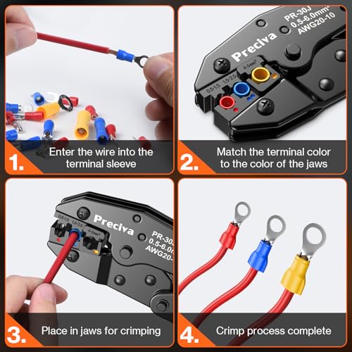 Preciva Crimping Tool for Insulated Terminals Wire Connectors, AWG20-10 Ratchet Crimper with 425 Pcs Insulated Terminals Connectors 425Pcs & 38Sizes
