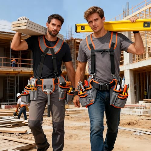 Tool Belt with Suspenders, Tool Belts for Men, Magnetic Wristband & Detachable Pouch – Heavy Duty Adjustable Belt for Electricians, Carpenters, DIY, Construction,Gift (Gray-Orange, Universal) Gray-orange
