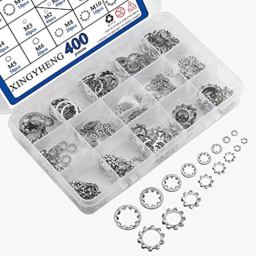 400Pcs 8 Size 304 Stainless Steel External Internal Tooth Star Lock Washer Circlip Snap Spring Ring Assortment Kit M2 M3 M4 M5 M6 M8 M10 M12