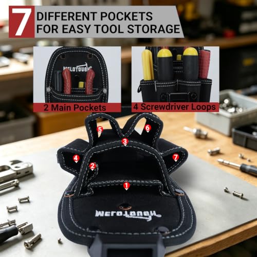 MELOTOUGH Tool Belt Hook,Tool Holster,Drill Belt Holder,Cordless Drill Holster Single,MELOTOUGH 7-Pocket Small Tool Pouch with Quick-Release Belt Clip (Black)