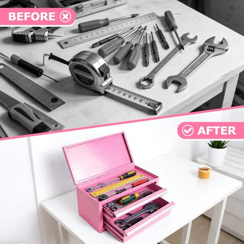 Mini Steel Tool Box with Drawers - Small Tool Chest for Small Item Storage Organizer - Portable Metal Toolbox Organizer with Tool Drawer (mini pink) mini pink