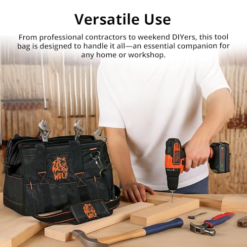 WOLF 16" Wide Mouth Tool Bag with Molded Base | Heavy-Duty 1680D Nylon | Electrician & Contractor Organizer