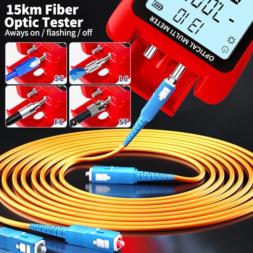 Portable 5-in-1 Fiber Optic Cable Tester with Optical Power Meter, Cable Finder, Visual Fault Locator & RJ45 Network Cable Test, SC/FC/ST Universal Interface with LC Adapter Red