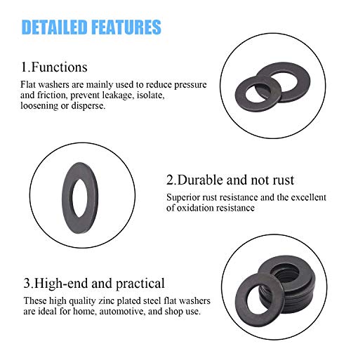 DYWISHKEY 820Pieces 7 Sizes Black Zinc Plated Steel Flat Washers Assortment Kit (M3 M4 M5 M6 M8 M10 M12)