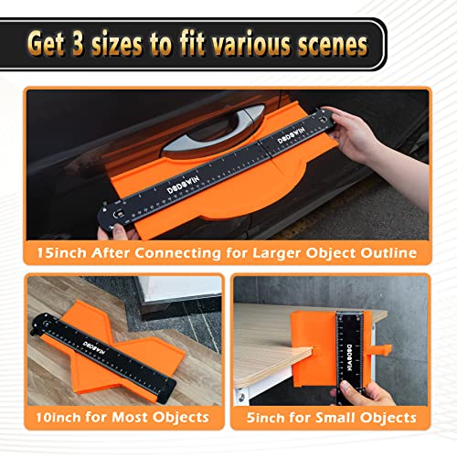 DODOWIN 10+5 Inch Connectable Contour Gauge with Lock, Extended Profile Duplicator Tool for Flooring, Tile, Laminate & Woodworking, Shape Outline Gauge, Father’s Day Gifts for Dad Men Husband Orange-15 In.