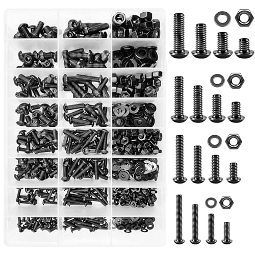 Mywish 900Pcs Metric Screw Assortment Kit, M3 M4 M5 M6 Bolts Nuts & Flat Washers, Grade 10.9 Alloy Steel Hex Socket Head Screws, Wrenches, Fully Threaded, Black Nuts and Bolts Assortment Kit 900Pcs M3 M4 M5 M6