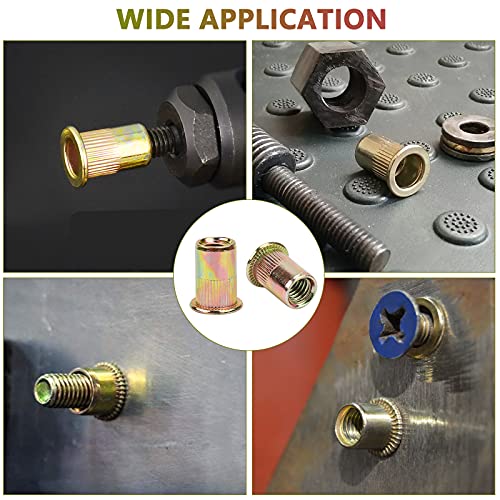 100pcs Carbon Steel 5/16'' Rivet Nut, 5/16''-18UNC Flat Head Rivnut Threaded Insert Nuts Set, Rivnut Inserts for Automotive, Furniture, Decoration (Yellow Zinc Plated Finish) (Pack of 2) 5/16"-18 (Pack of 2)