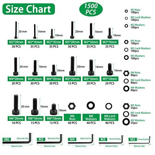 1500PCS Hex Socket Head Cap Screws Nuts and Washers Assortment, M2 M3 M4 M5 M6 and 1500PCS M2 M3 M4 M5 M6 Screw and Nut Assortment Hex Socket Flat Head Cap