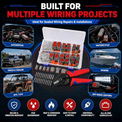 174Pcs 12 Kits DT Connector Kit With Ratcheting Wire Crimper for Deutsch Connector, 2 3 4 6 8 12 Pin Connectors Automotive Electrical Connectors With Size 16 Stamped Contacts IP68 Waterproof