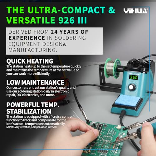 YIHUA 926LED III 60W Digital Display Soldering Iron Kit Soldering Station Set with 2 Helping Hands, 5 Additional Soldering Tips, Lead-Free Soldering Wire, Automatic Sleep Mode (EU Plug) Green