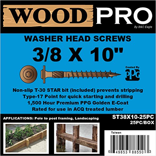 WoodPro Fasteners ST38X10-25PC 3/8-Inch by 10-Inch Length Round Washer Head Exterior Wood Screws, 25-Pack , Gold 10 inches